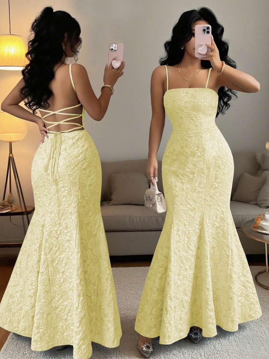 Rafferiza Váy dự tiệc màu xanh họa tiết hoa satin không tay thời trang đa năng dành cho nữ - Vàng nhạt - Xem 1