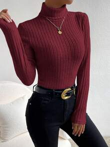 SHEIN Frenchy Camiseta de cuello alto de manga larga con tela texturizada - Burdeos - Ver 3