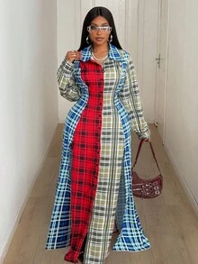 Maweii 大码女式春秋格子休闲翻领纽扣前开衩长袖修身长衬衫裙 - 彩色 - 查看 4