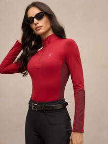 Activina Top équestre ajusté à manches longues avec patchwork de couleurs contrastées pour femmes - Rouge foncé - Voir 6
