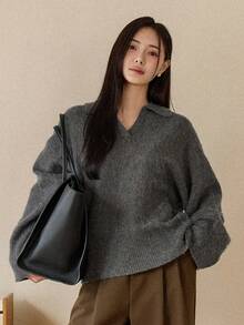 Dazy-Less 女士休闲V领宽松纯色套头毛衣，适合日常穿着，秋冬季百搭 - 灰色 - 查看 9