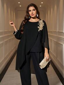 Reflora Áo choàng cổ tròn màu trơn cỡ lớn, phong cách cổ điển thanh lịch, rộng rãi 2 món - màu đen - Xem 5