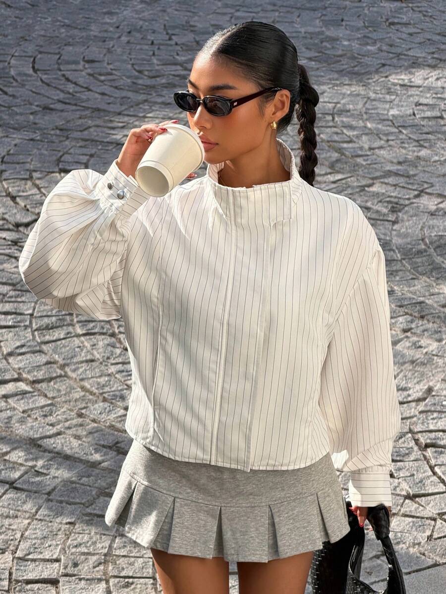 Muchica Women's Casual Striped Long Sleeve Jacket For Going Out Outfits, Back To School, Streetwear - White - View 1