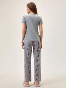 Loomlin 100% 纯棉 2 件撞色心形印花短袖睡衣套装 100% 纯棉 2 件撞色心形印花短袖睡衣套装