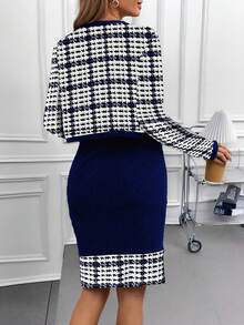 SHEIN Clasi Women's Houndstooth Jacket And Dress 2 Pieces Set, Suitable For Commuting And Outings In Winter 2 Piece Sets Woman Classy Office Outfits For Women Set