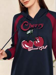 Modelyn Cherry Letter Print Fashion Raglan Sleeve Hooded Long Dress For Women, Spring/Autumn - Multicolor - View 3