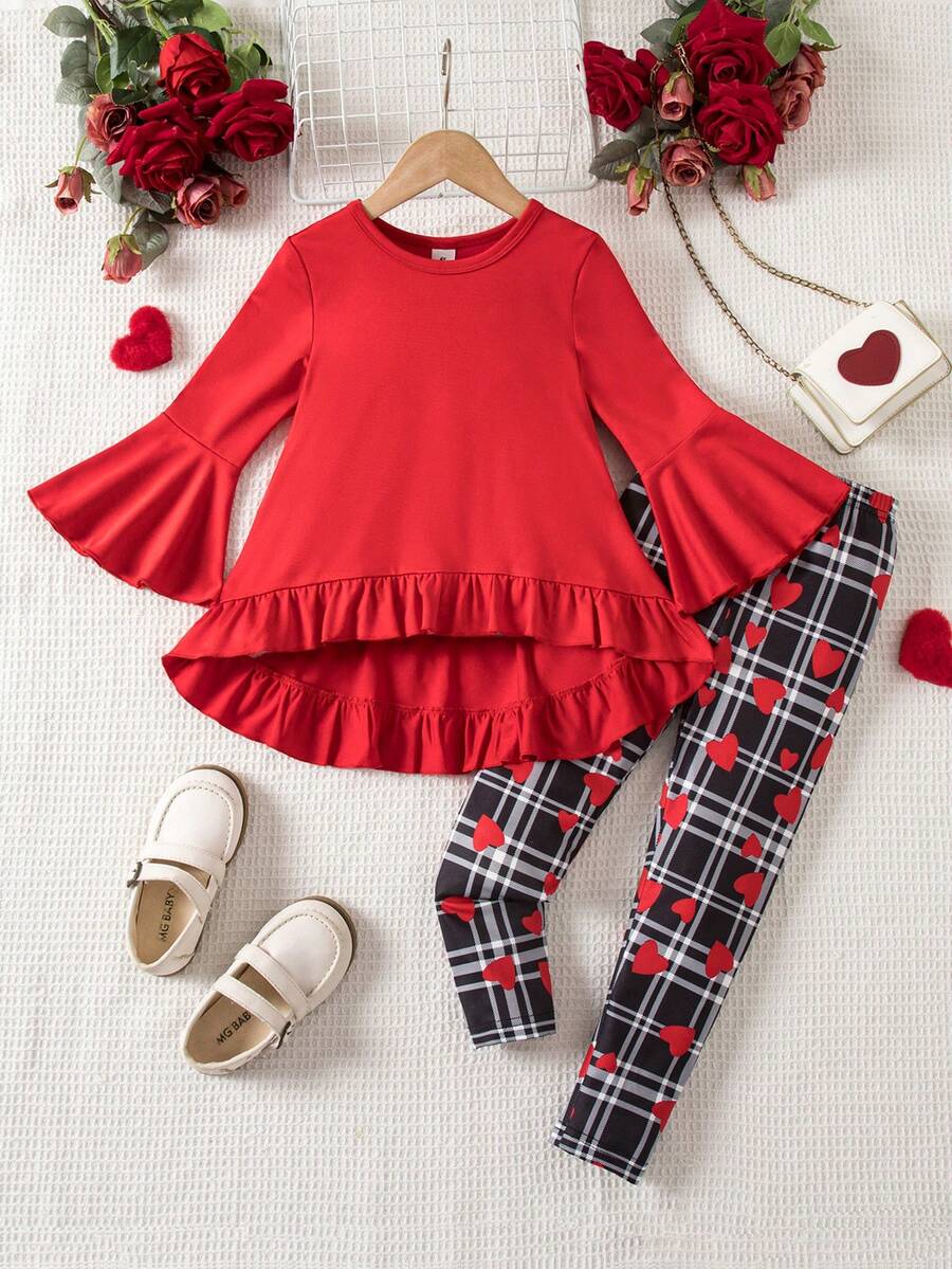 SHEIN 2pcs/Set Young Girls Valentine's Day Sequin Heart Print Flare Sleeve Long T-Shirt & Heart Letter Leggings, Family Matching, Autumn Party Outfit - Red - View 1