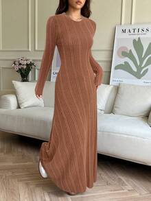 SHEIN EZwear 女士纯色长袖休闲针织连衣裙 - 棕色 - 查看 5