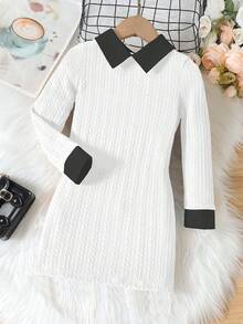 SHEIN 少女撞色滚边领优雅长袖连衣裙 - 白色 - 查看 7
