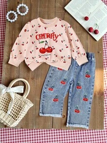 SHEIN Vintaside Kids Baby Girls' Spring/Autumn Outfit - Cherry Sweetheart Set: Cream English Slogan Sweatshirt + Retro Blue Jeans, Cherry Print Top & Embroidered Pants, Dopamine Energetic Casual Daily Wear, Sweet & Cool Style