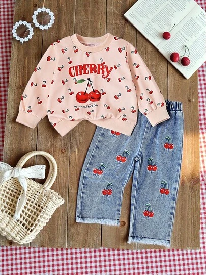 SHEIN Vintaside Kids Baby Girls' Spring/Autumn Outfit - Cherry Sweetheart Set: Cream English Slogan Sweatshirt + Retro Blue Jeans, Cherry Print Top & Embroidered Pants, Dopamine Energetic Casual Daily Wear, Sweet & Cool Style