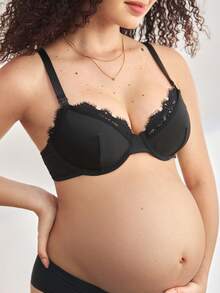 Moonlight&Mama Black Lace Patchwork Nursing Bra, Removable Cups, Suitable For Pregnancy, Breastfeeding, Postpartum - Black - View 2