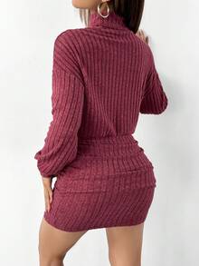SHEIN PETITE 女款高領落肩抓皺緊身洋裝，休閒酒紅色洋裝，新年洋裝，適合嬌小女性 - 酒紅色 - 查看 2