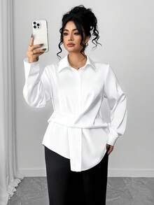 Elenzga Plus Size Solid Color Long Sleeve Casual Shirt - White - View 3