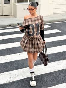 Muchica Brown Dress Loose Fashion Tie Waist Long Sleeve Plaid One Shoulder Mini Dress For Women