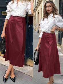 Vionelle Plus Size Women's Elegant Solid Color High-Quality PU Fabric Skirt, Elastic Waist, Invisible Side Zipper, A-Line Design, Long Midi Skirt, Suitable For Concerts, Fashionable Outings, Wedding Guests, Parties, Nighttime Dates, Christmas, New Year, Birthdays, Versatile Long Skirt - Red - View 8