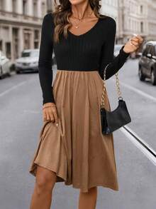 Editum 女士休闲撞色V领长袖中长连衣裙 - 彩色 - 查看 9