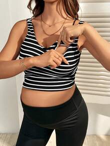 SHEIN Maternity Casual Striped Sleeveless Nursing Top, Summer Casual Outfits  Striped Tank Top Black Crop Top Women Aesthetic Tops Sexy Crop Tops Women One Shoulder Top - Black and White - View 5