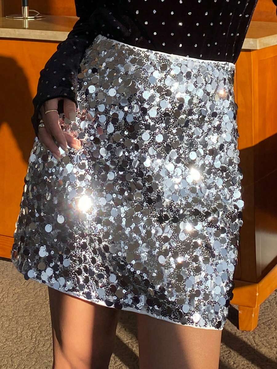 DAZY Minigonna di moda con vita alta e paillettes, da indossare per feste, Capodanno, Natale e Carnevale
