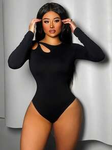 VaVaBold 女士露肩镂空设计长袖黑色连体衣 - 黑色 - 查看 1