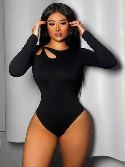 VaVaBold 女士露肩镂空设计长袖黑色连体衣