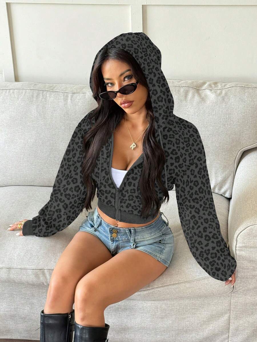 Rina Fox Y2K Street Sexy Long Sleeve Leopard Grey Casual Crop Sweatshirt Zip-Up Sweatshirt With Pocket - Dark Grey - View 1
