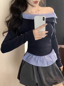 DAZY Women's Plaid Splice Slim Fit Asymmetric-Shoulder Long Sleeve Casual Base Layer T-Shirt - Navy Blue - View 6