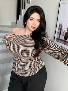 Dazy Plus Fashionable Casual Striped Off-Shoulder Lantern Sleeve Fitted Cropped Elegant Long Sleeve T-Shirt - Khaki - View 4