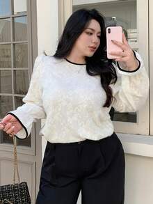 Dazy Plus بلوزة بلوزة فضفاضة مع أكمام واسعة وياقة مستديرة، تباين الألوان والدانتيل، مناسبة للربيع والخريف - لون مشمشي - مشاهدة 9