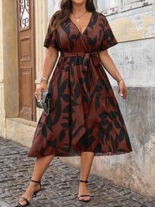 Vionelle 加大码印花系带裹身连衣裙，圣诞节女士长款套装 - 咖啡棕 - 查看 4