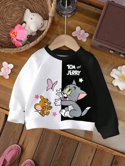TOM & JERRY X SHEIN 女婴休闲拼色卡通图案圆领卫衣，秋季