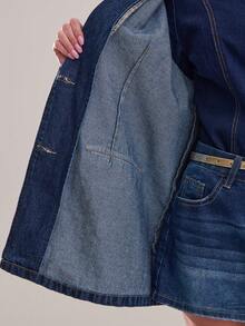 Avantive 蓝色牛仔西装外套，金属纽扣，休闲女式优雅派对新年装 - 深色水洗藍 - 查看 7
