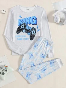 1 Set Merry Christmas Snug Fit Teen Pajamas, Featuring Cool Santa Claus Face With Sunglasses Graphic Surrounded By White Snowflakes, Long Sleeve Top With Contrast Cuffs, Slim Fit Pants With Contrast Ankle Cuffs, Made Of Soft Comfortable Fabric