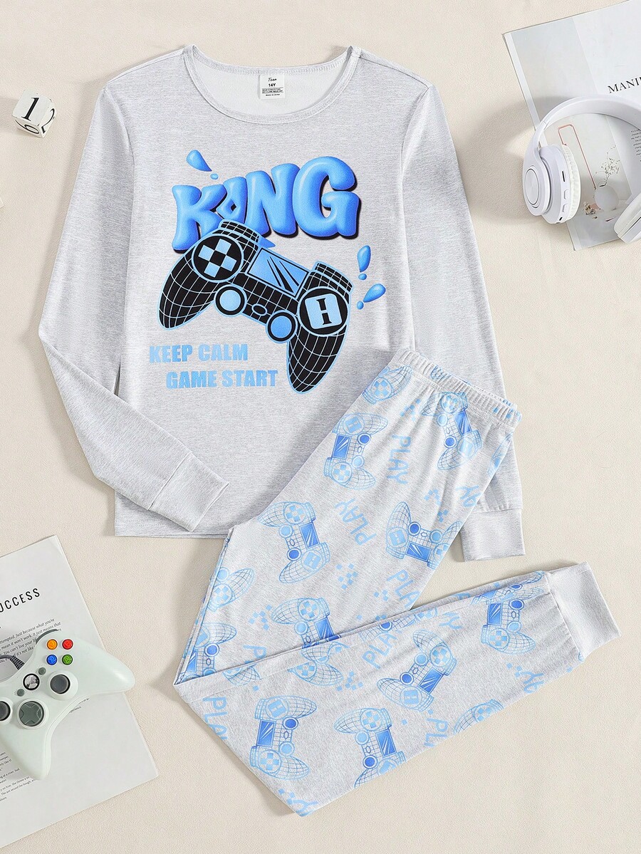 1 Set Merry Christmas Snug Fit Teen Pajamas, Featuring Cool Santa Claus Face With Sunglasses Graphic Surrounded By White Snowflakes, Long Sleeve Top With Contrast Cuffs, Slim Fit Pants With Contrast Ankle Cuffs, Made Of Soft Comfortable Fabric