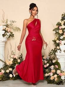 SOLERSUN Women's Solid Color Hollow Asymmetric Neck Metal Decorated Bodycon Dress Long Maxi Women Outfit - Red - View 6