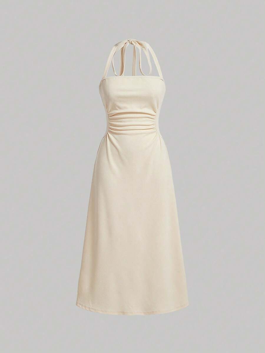 SHEIN MOD Women's Solid Color Halter Neck Ruched Backless Casual Sleeveless Dress - Apricot - View 1