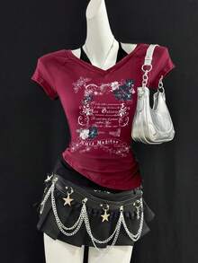 Attitoon 女士休闲复古V领朋克风复古哥特芙蓉花和英文字母印花露背系带撞色短袖T恤，适合夏季，Y2K风格，时尚别致 - 彩色 - 查看 8