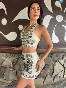 Carolina Barros 女士度假杏色底色黑花刺绣露背蝴蝶结短款上衣和 A 字迷你裙套装，女士套装，圣诞女装，海滩度假装，派对女装，音乐节/演唱会装，新年女装 - 彩色 - 查看 5