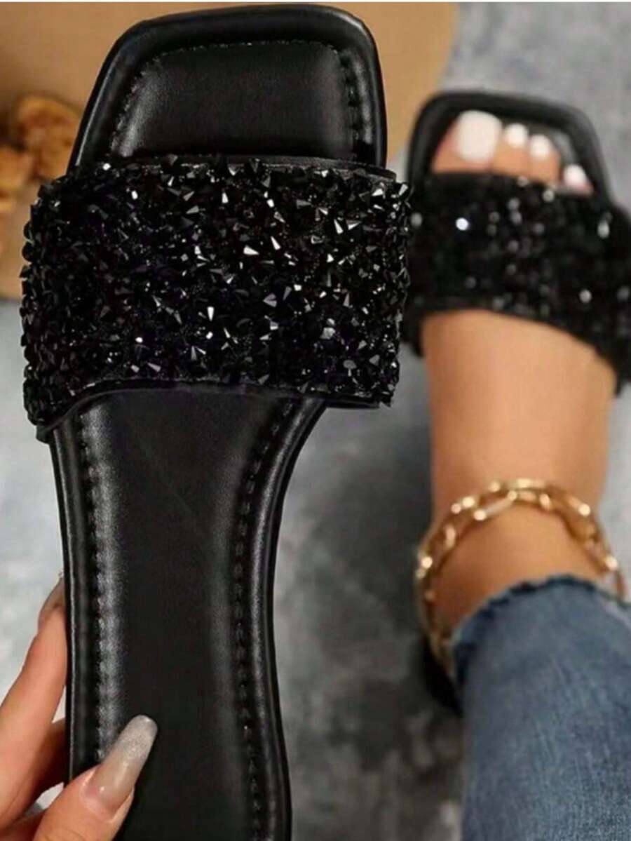 Sandalias de mujer brillantes punta cuadrada sin correa plana elegante casual verano sandalias negras - Negro - Ver 1