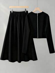 Franclia 女士优雅通勤珍珠装饰上衣和裙子套装 - 黑色 - 查看 2