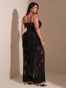 SHEIN BAE 大码女式黑色蕾丝吊带连体裤 - 黑色 - 查看 2