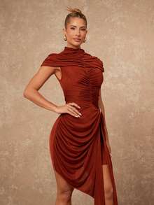 Lumalex Women's Rust Brown Autumn Elegant Night Out Mini Dress,Ruched-Waist Cape-Detail Asymmetric Drape-Tie Metal-Decor Sleeveless Formal Party Gown - Brown - View 6