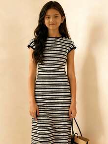 Travachic KIDS 青少年女孩休闲优雅针织条纹短袖中长连衣裙 - 白色 - 查看 3