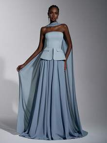 Elitara Váy maxi chữ A dài chấm đất bằng vải voan dệt màu xanh lam nhạt, sang trọng, lãng mạn, thời trang, có túi giả, phù hợp cho các dịp lễ, sinh nhật, đám cưới và các dịp trang trọng - Màu xanh bụi bặm - Xem 6