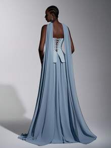 Elitara Váy maxi chữ A dài chấm đất bằng vải voan dệt màu xanh lam nhạt, sang trọng, lãng mạn, thời trang, có túi giả, phù hợp cho các dịp lễ, sinh nhật, đám cưới và các dịp trang trọng - Màu xanh bụi bặm - Xem 3