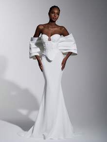 Elitara Elegant And Glamorous White Stretch Knit, Luxurious Satin Finish, Appliqué Details, Strapless Design, Faux Two-Piece Style, Large Bow Sleeves, Oversized Mermaid Silhouette, Train. Suitable For Weddings, Bridal Gowns, Formal Occasions, And Elaborately Embellished Wedding Dresses.,Wedding Party Dress