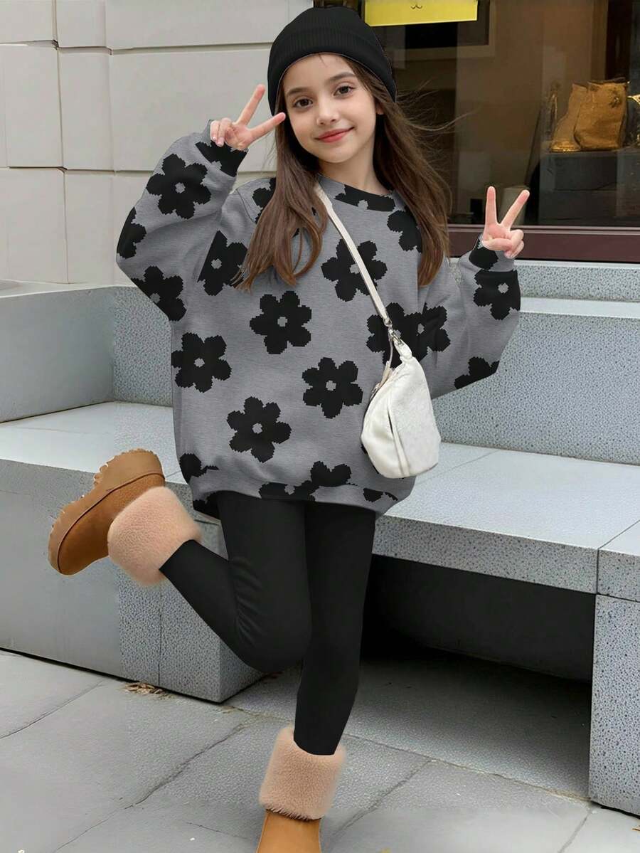 2件套少女休闲印花圆领长袖卫衣和打底裤套装，秋冬季