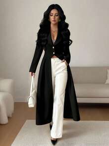 Rafferiza 女士优雅复古收腰前开衩A字长款大衣，秋冬款 - 黑色 - 查看 7