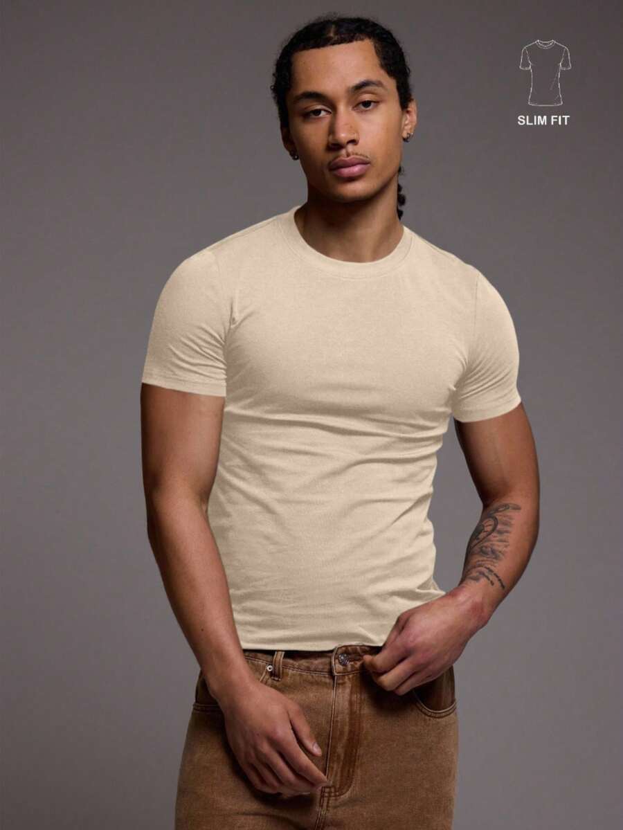 Musero Basic Short Sleeve Slim Fit Crew Neck Plain T-Shirt Essentials All Year Round Capsule - Beige - View 1
