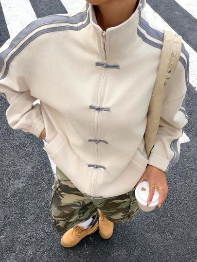 Muchica Aprikosfärgad stickad mockajacka med lång ärm för kvinnor